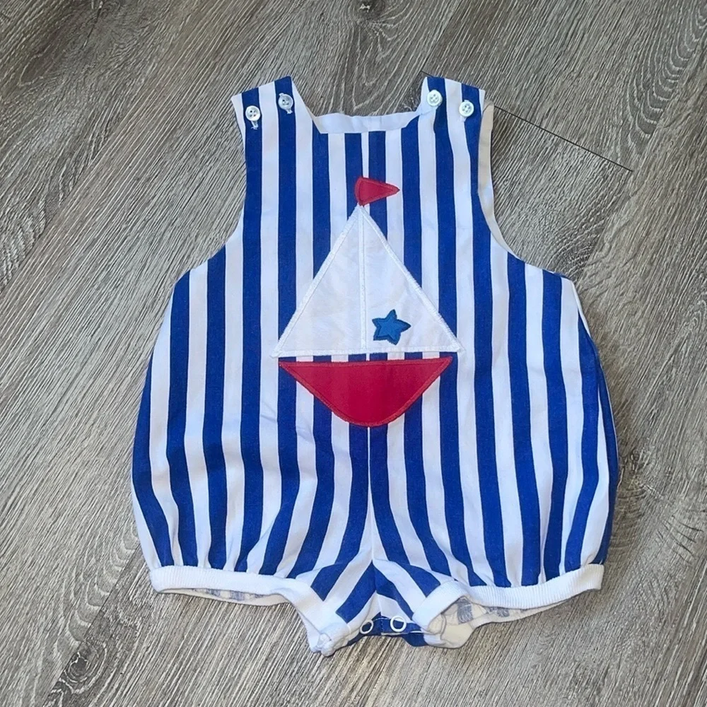 Bailey Boys Sailboat Romper size 9 months blue stripe baby